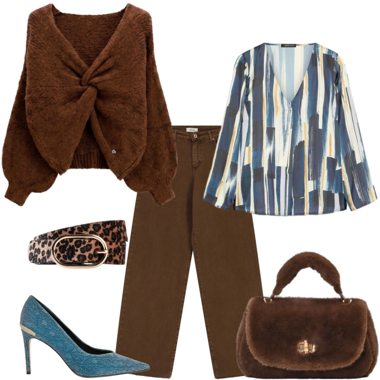 Outfit donna - Ottobre in ottanio e cioccolato. Stile Glamour per Serata fuori. Abbinamento con bluse, maglieria, borse a mano, jeans dritti, décolleté, cinture.