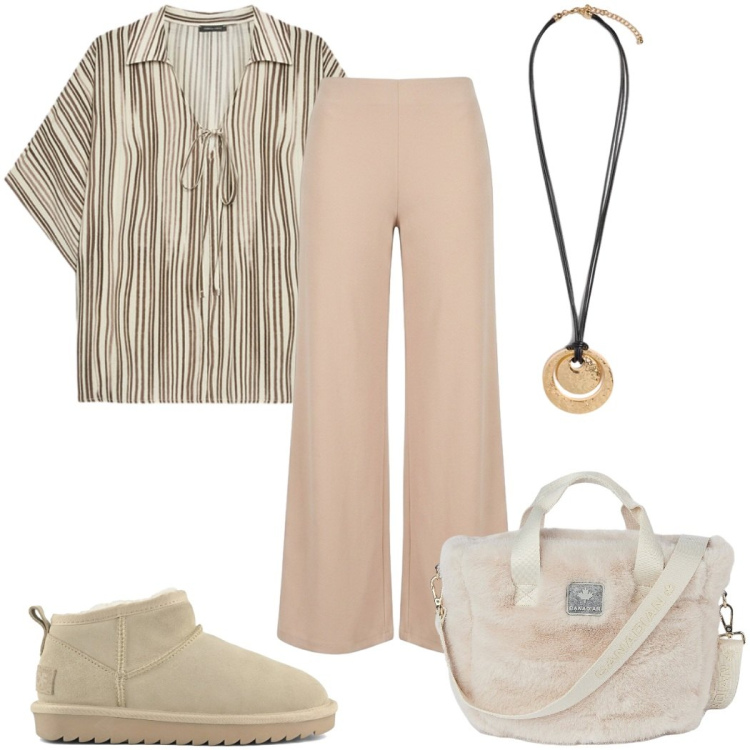 Outfit donna - Pantalone palazzo e blusa in seta etnico. Stile Etnico per Tutti i giorni. Abbinamento con ciondoli, bluse, borse tote, pantaloni a palazzo, stivali.