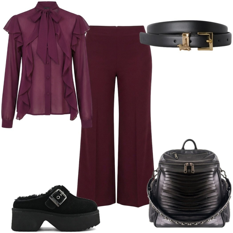 Outfit donna - Pantalone palazzo e blusa in seta ruggin. Stile Trendy per Tutti i giorni. Abbinamento con cinture, zaini, bluse, pantaloni a palazzo, sabot.