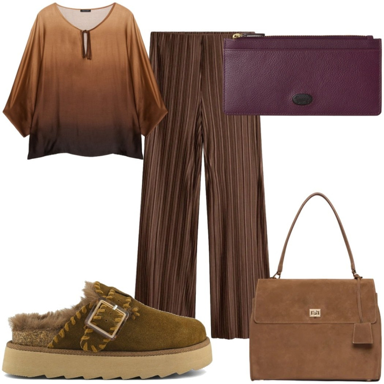 Outfit donna - Pantalone palazzo e blusa marrone. Stile Trendy per Tutti i giorni. Abbinamento con pantaloni a palazzo, portafogli, bluse, borse a mano, sabot.