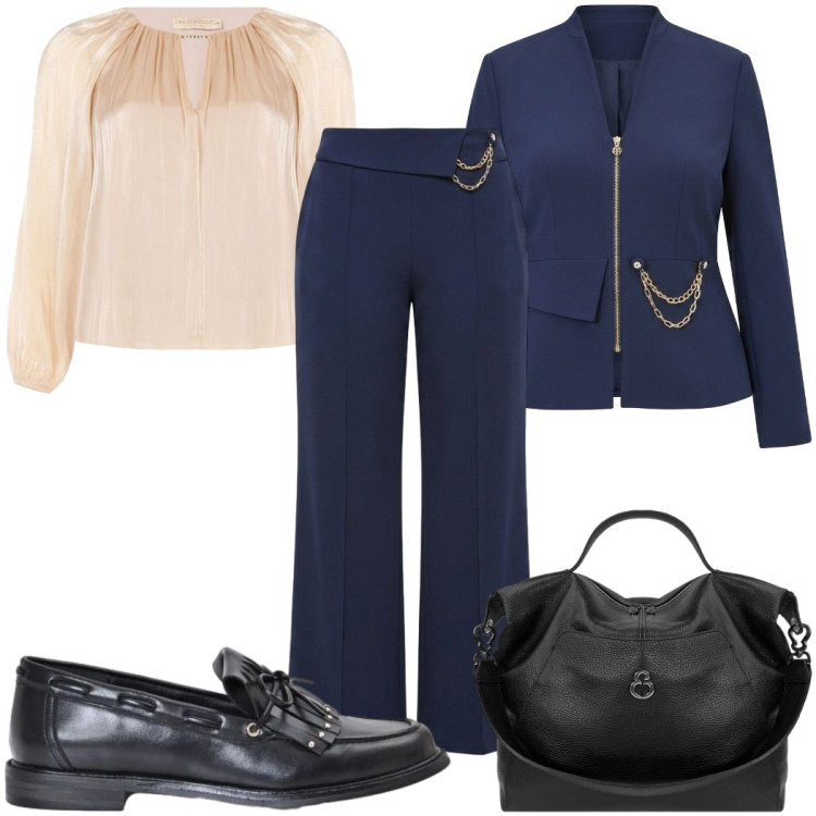 Outfit donna - Pantalone palazzo e blusa in seta - chic. Stile Chic per Tutti i giorni. Abbinamento con borse a spalla, mocassini, bluse, pantaloni a palazzo, blazer.