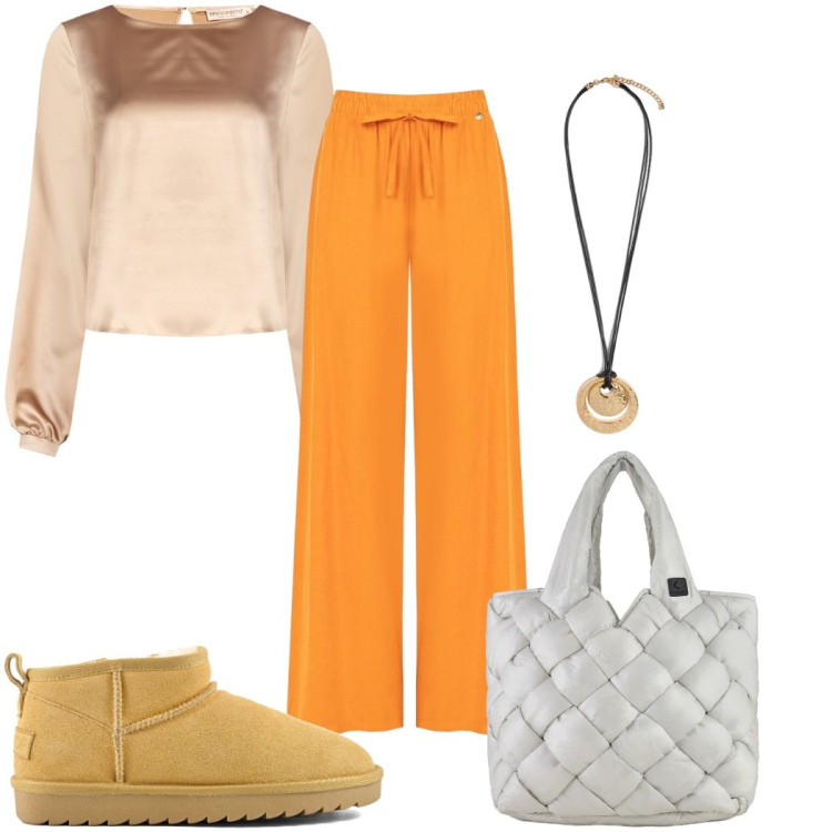 Outfit donna - Pantalone palazzo e blusa in seta vivace. Stile Trendy per Tutti i giorni. Abbinamento con bluse, pantaloni a palazzo, ciondoli, borse tote, stivali.