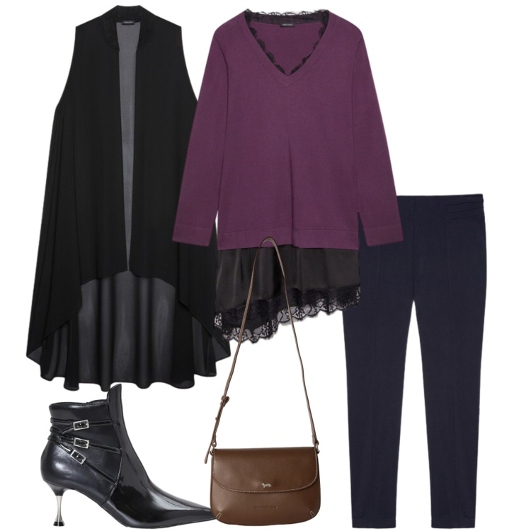 Outfit donna - Serata con amici. Stile Casual chic per Serata fuori. Abbinamento con borse a tracolla, leggings, gilet, maglieria, stivaletti.