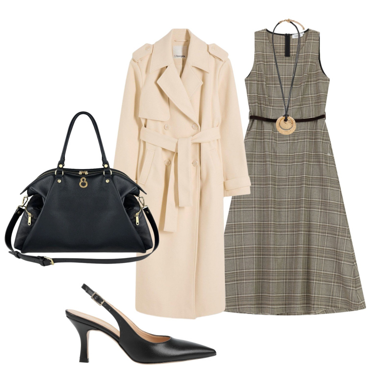 Outfit donna - Sofisticata semplicità. Stile Chic per Ufficio. Abbinamento con ciondoli, shopping bag, vestiti midi/longuette, décolleté, trench.