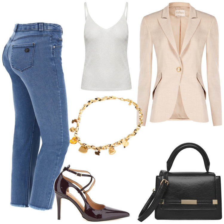 Outfit donna - L\'eleganza e il denim. Stile Chic per Ufficio. Abbinamento con borse a tracolla, blazer, jeans, top, collane, décolleté.