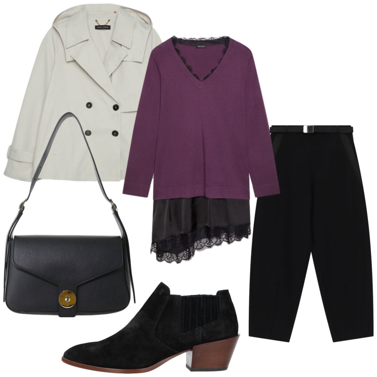 Outfit donna - Total look #2479322. Stile Minimal per Ufficio. Abbinamento con pantaloni, borse a spalla, maglieria, trench, stivaletti.