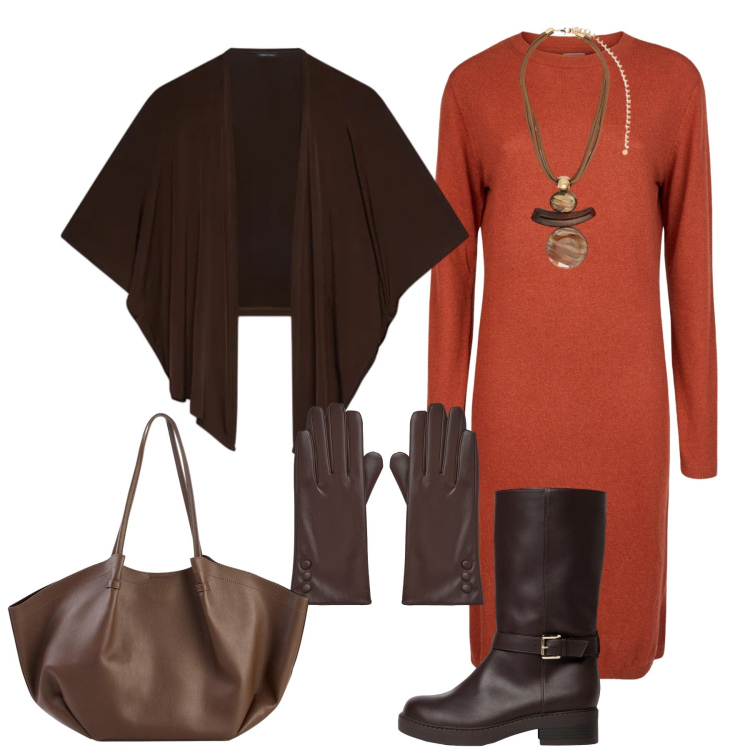 Outfit donna - Caldo abbraccio in maglia. Stile Chic per Tutti i giorni. Abbinamento con stivali, shopping bag, guanti, ciondoli, blazer, vestiti midi/longuette.