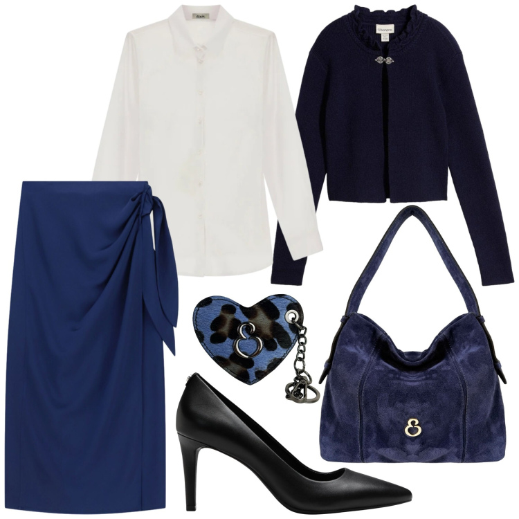 Outfit donna - Total look #2479331. Stile Chic per Ufficio. Abbinamento con gonne longuette, borse a spalla, portachiavi, camicie, décolleté, cardigans.