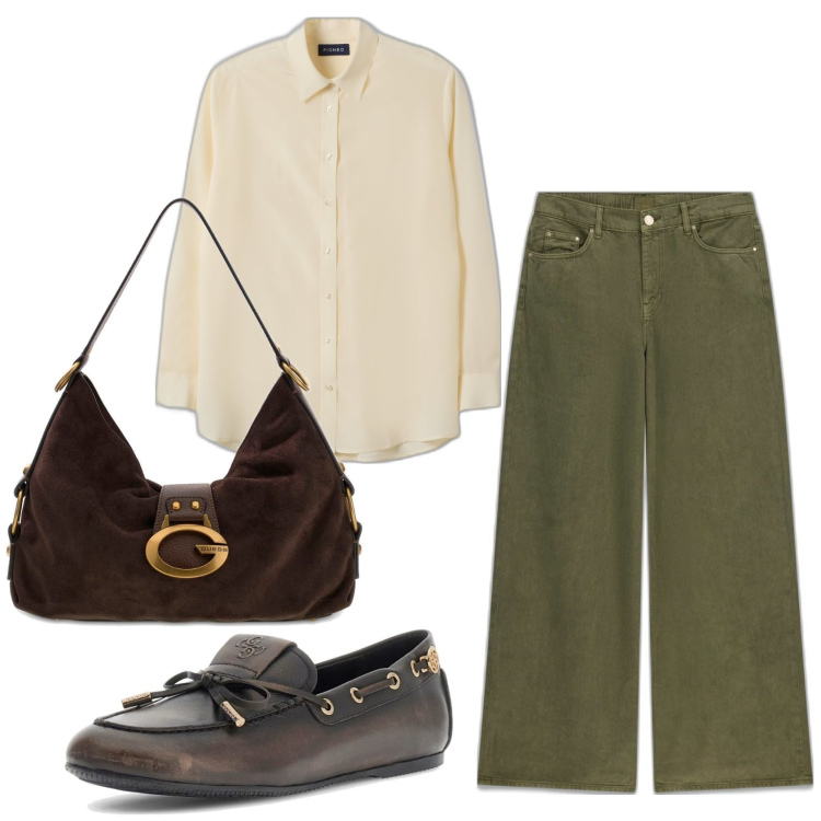 Outfit mujer - Bon ton look. Estilo Bon Ton para Oficina. Combinación con mocasines, pantalones palazzo, camisas, bolsos de hombro.