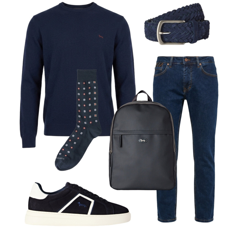 Outfit uomo - Blu. Stile Casual per Tutti i giorni. Abbinamento con borse sportive, sneakers, calzini, cinture, maglieria, pantaloni.
