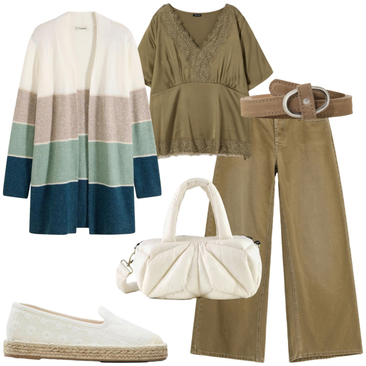 Outfit donna - Total look #2479348. Stile Casual per Tutti i giorni. Abbinamento con bluse, pantaloni a palazzo, borse a mano, cinture, espadrillas, cardigans.