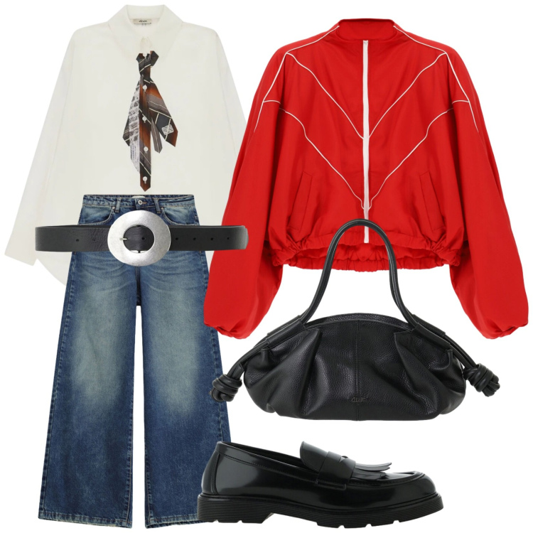 Outfit donna - Dixie. Stile Trendy per Tutti i giorni. Abbinamento con bomber, borse a mano, cinture, jeans, camicie, mocassini.