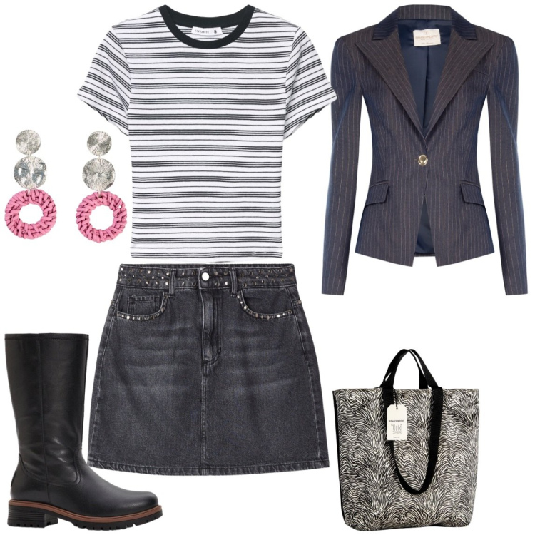 Outfit donna - Autunno. Stile Casual chic per Tutti i giorni. Abbinamento con borse tote, blazer, minigonne, t-shirt, stivali, orecchini.