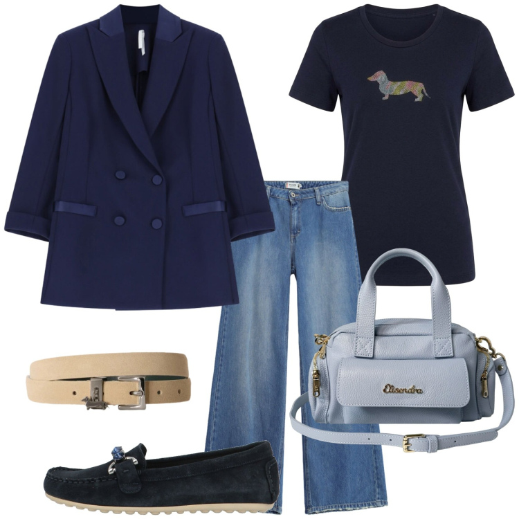 Outfit donna - Giacca e jeans. Stile Casual chic per Tutti i giorni. Abbinamento con cinture, t-shirt, blazer, jeans dritti, borse a mano, mocassini.