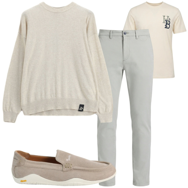 Outfit uomo - Total look #2479359. Stile Trendy per Tutti i giorni. Abbinamento con t-shirt, pantaloni chino, scarpe stringate, maglieria.
