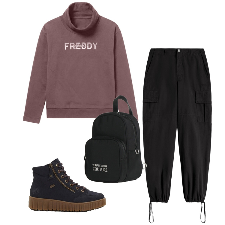 Outfit donna - Total look #2479360. Stile Sporty chic per Tutti i giorni. Abbinamento con zaini, sneakers alte, pantaloni cargo, felpe.