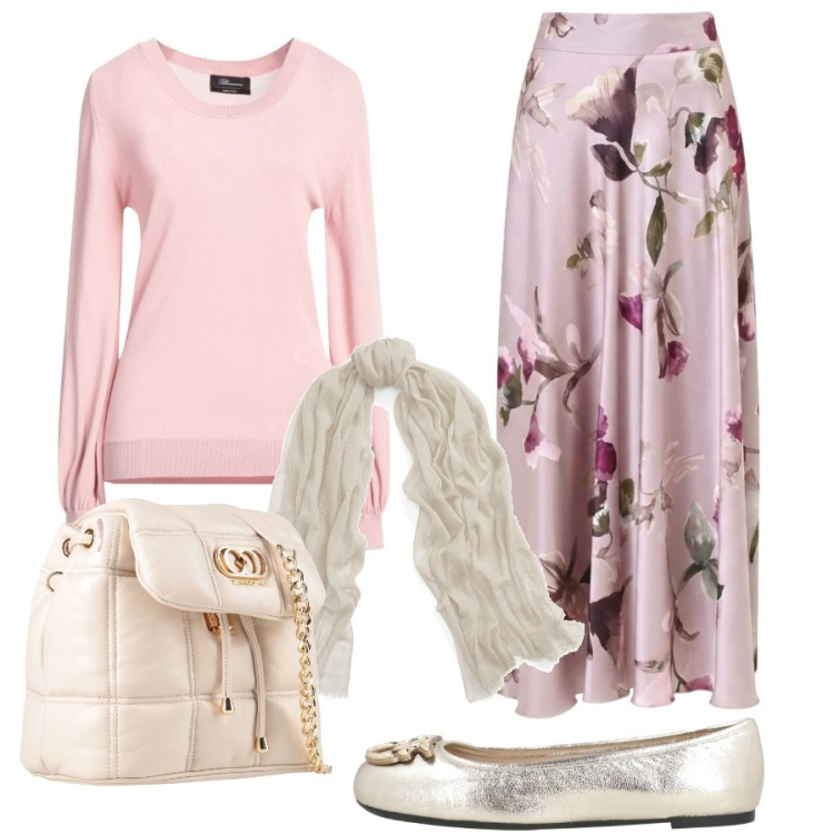 Outfit donna - Ballerine in ufficio. Stile Romantica per Ufficio. Abbinamento con gonne lunghe, ballerine, pullovers, sciarpe, valigie.