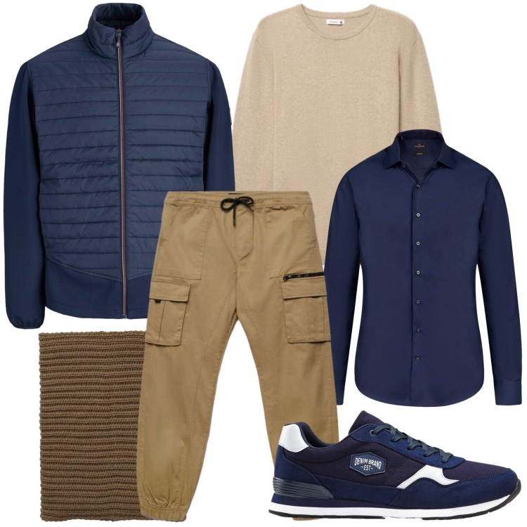 Outfit uomo - Cargo wide. Stile Casual per Tutti i giorni. Abbinamento con camicie, scaldacollo, maglieria, pantaloni cargo, sneakers, giacche.
