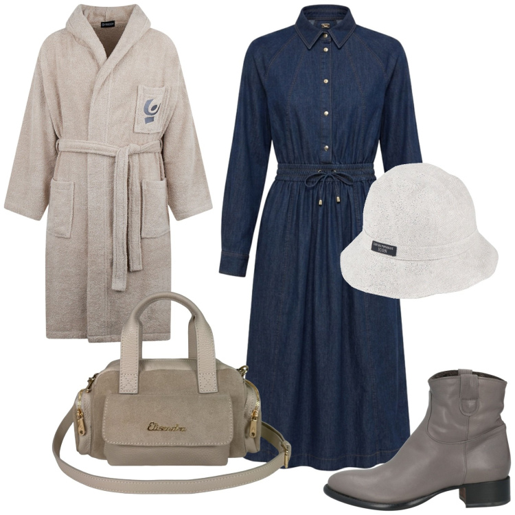 Outfit donna - Lavoro e poi dopo relax. Stile Casual chic per Tutti i giorni. Abbinamento con vestiti chemisier, borse a mano, accappatoi, stivaletti, cappelli.