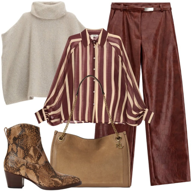 Outfit donna - Una fresca giornata d'autunno. Stile Sporty chic per Tutti i giorni. Abbinamento con pantaloni, borse tote, stivaletti, maglieria, camicie.