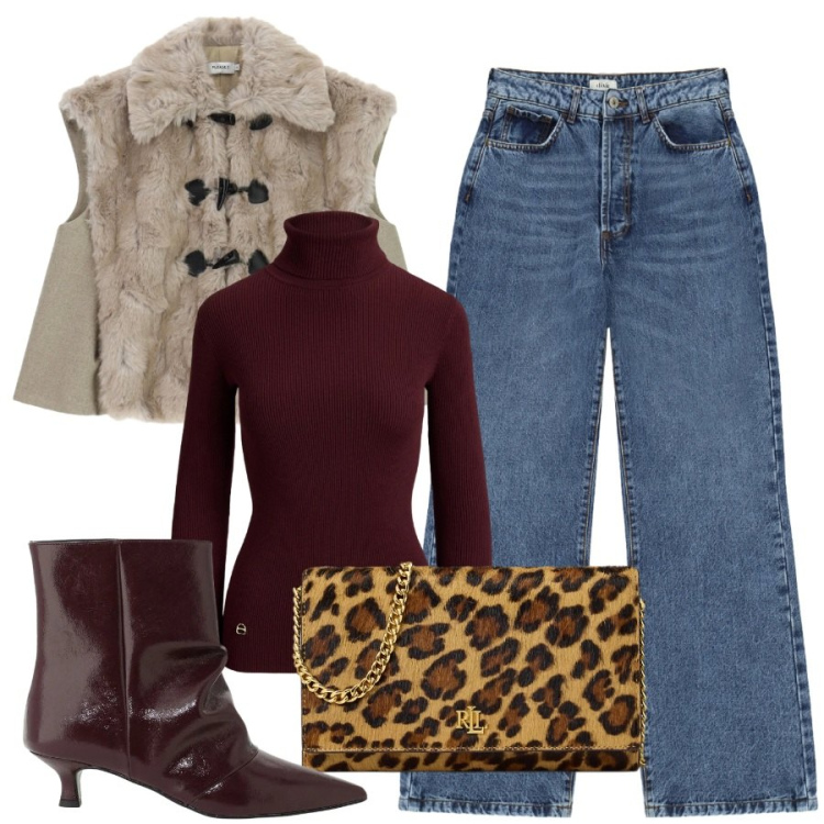 Outfit donna - La serata in jeans. Stile Casual chic per Serata fuori. Abbinamento con pullovers, borse a tracolla, gilet, stivaletti, jeans.