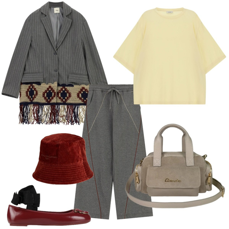 Outfit donna - Effetto wow. Stile Glamour per Ufficio. Abbinamento con borse a mano, t-shirt, blazer, pantaloni a palazzo, ballerine, cappelli.