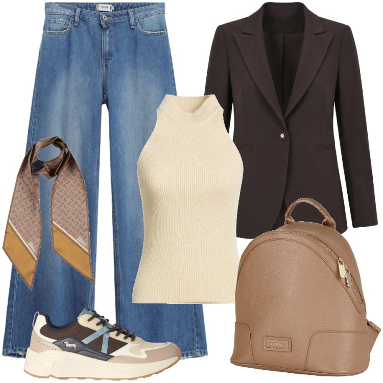 Outfit donna - Blazer e sneakers. Stile Trendy per Ufficio. Abbinamento con sneakers, jeans dritti, blazer, zaini, sciarpe, maglieria.