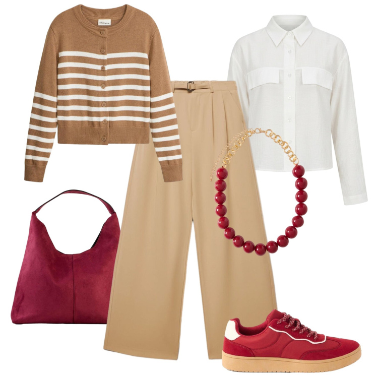 Outfit donna - Sneakers mania. Stile Casual chic per Tutti i giorni. Abbinamento con collane, camicie, pantaloni a palazzo, sneakers, borse a spalla, cardigans.
