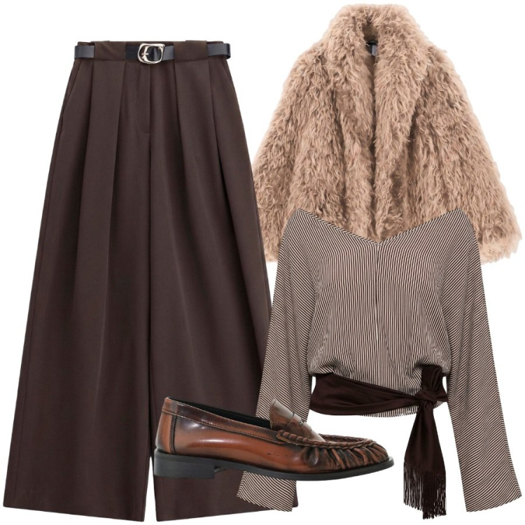 Outfit donna - Mocassino di sera. Stile Trendy per Serata fuori. Abbinamento con top, pantaloni a palazzo, blazer, mocassini.