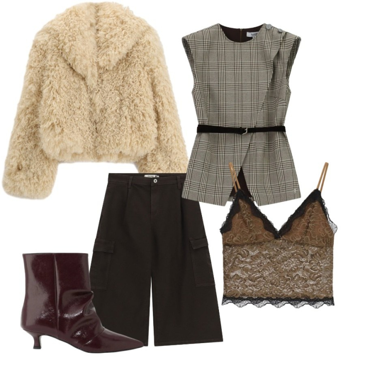 Outfit donna - Sfumature d\'Autunno: Tartan & Cozy Glam. Stile Urban per Tutti i giorni. Abbinamento con gilet, top, ecopellicce, bermuda, stivaletti.
