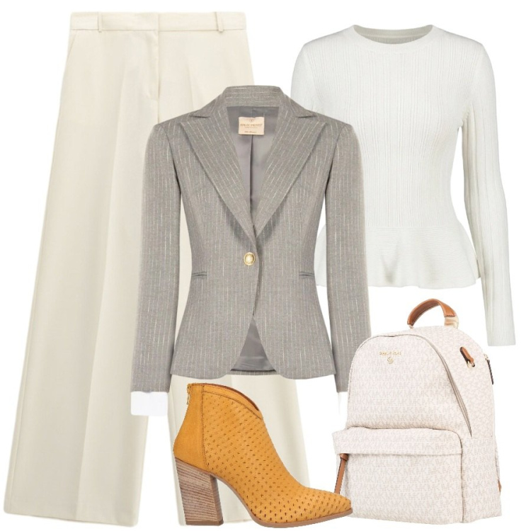 Outfit donna - Colori chiari. Stile Sporty chic per Ufficio. Abbinamento con pantaloni a palazzo, blazer, maglieria, stivaletti texani, zaini.