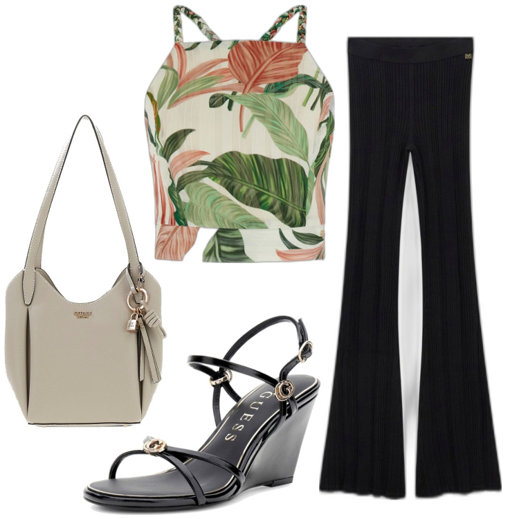 Outfit mujer - Urban style. Estilo Urban para Todos los días. Combinación con sandalias de piel, bolsos de hombro, pantalones, top.