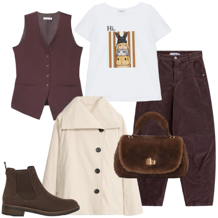 Outfit donna - Stravagante. Stile Casual per Tutti i giorni. Abbinamento con t-shirt, jeans, borse a mano, gilet, trench, stivaletti.