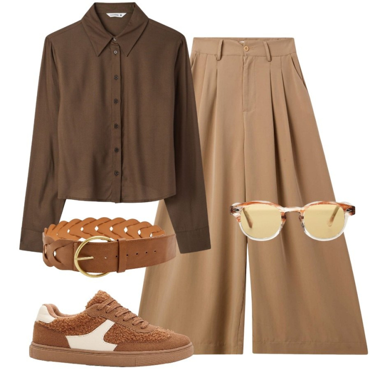 Outfit donna - Gita in sneakers. Stile Casual per Tutti i giorni. Abbinamento con sneakers, pantaloni, cinture, camicie, occhiali da sole.