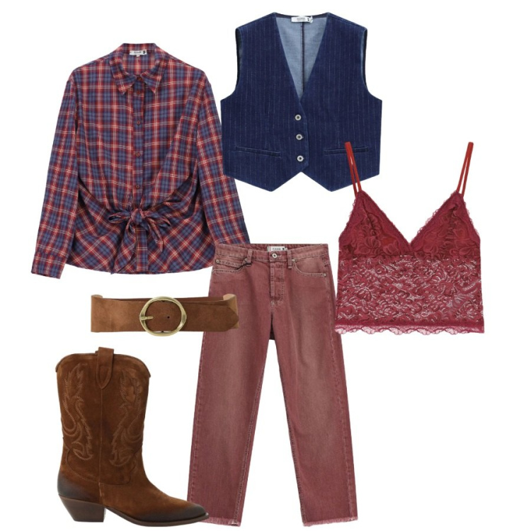 Outfit donna - Country Rebel. Stile Boho per Tutti i giorni. Abbinamento con jeans dritti, camicie, gilet, top, stivaletti texani, cinture.