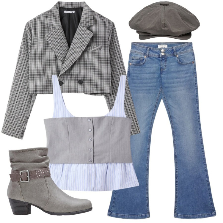 Outfit donna - Pomeriggio in centro. Stile Trendy per Tutti i giorni. Abbinamento con stivaletti, jeans a zampa, top, blazer, cappelli.