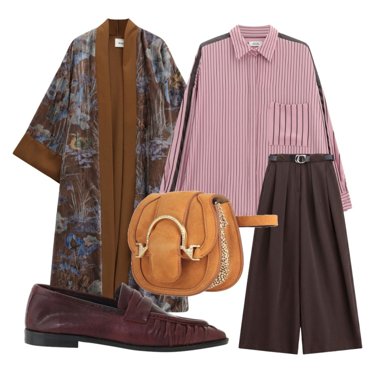 Outfit donna - Fall colors. Stile Glamour per Ufficio. Abbinamento con marsupi, pantaloni a palazzo, camicie, mocassini, cappotti.