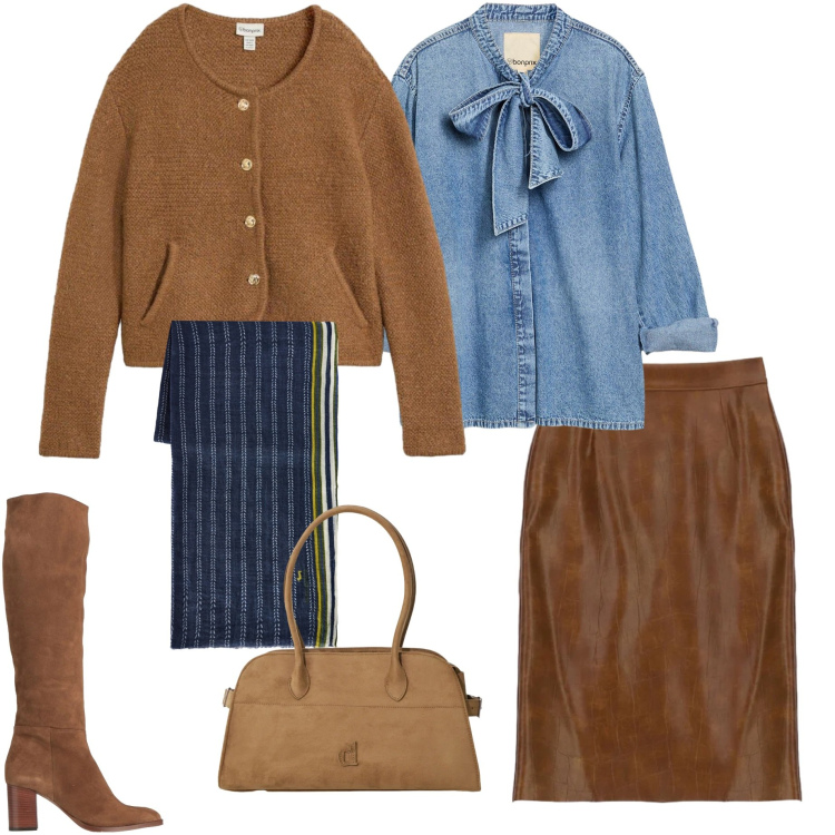 Outfit donna - Ben arrivato autunno. Stile Urban per Ufficio. Abbinamento con stivali, cardigans, camicie, sciarpe, gonne longuette, borse a spalla.