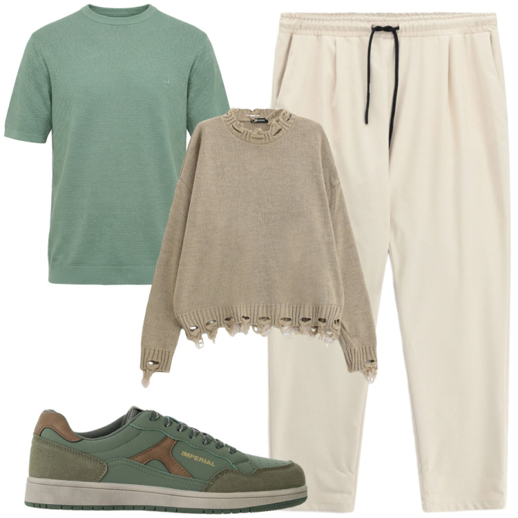 Outfit uomo - Silvia e beige. Stile Casual per Tutti i giorni. Abbinamento con t-shirt, pantaloni, maglieria, sneakers.