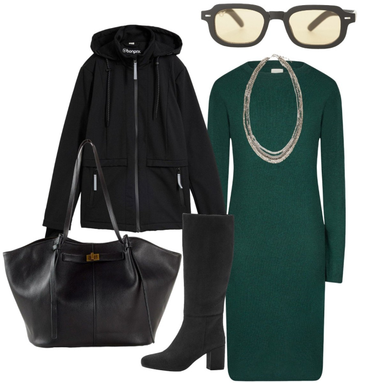 Outfit donna - Green e noir contrasto di mezza stagione. Stile Chic per Tutti i giorni. Abbinamento con blazer, shopping bag, stivali, occhiali da sole, collane, vestiti midi/longuette.