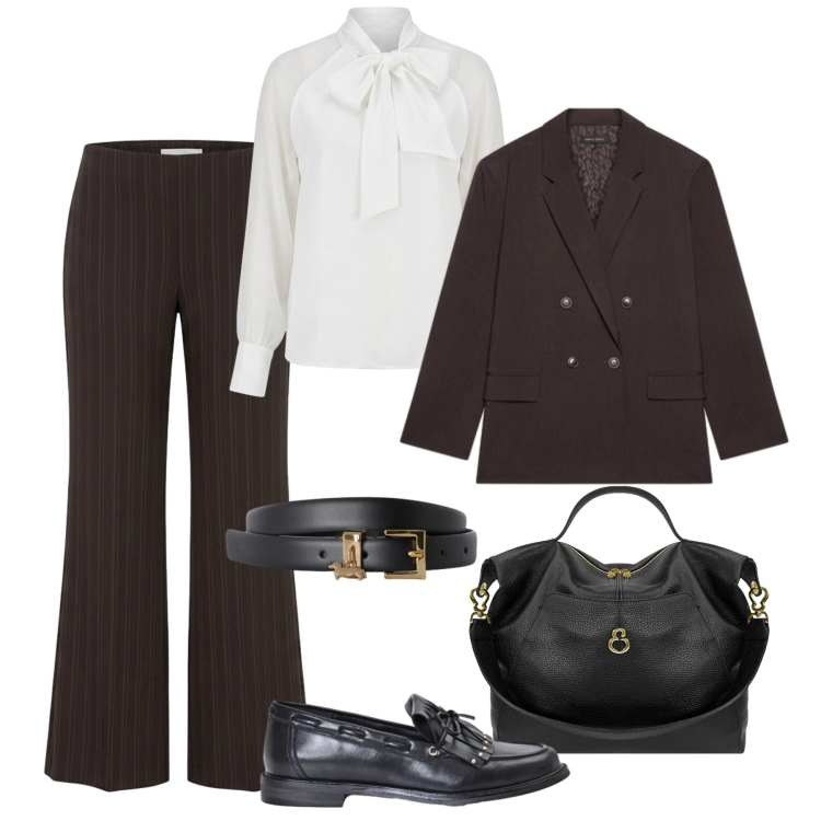 Outfit donna - Palazzo gessati e blusa in seta. Stile Glamour per Ufficio. Abbinamento con pantaloni a palazzo, mocassini, bluse, cinture, blazer, borse a spalla.