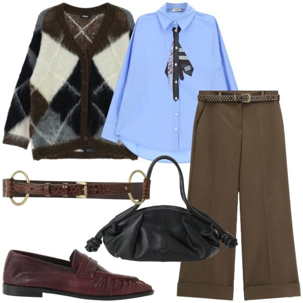 Outfit donna - La collezione Fall Winter di Dixie. Stile Glamour per Tutti i giorni. Abbinamento con pantaloni a palazzo, camicie, mocassini, cardigans, borse a mano, cinture.