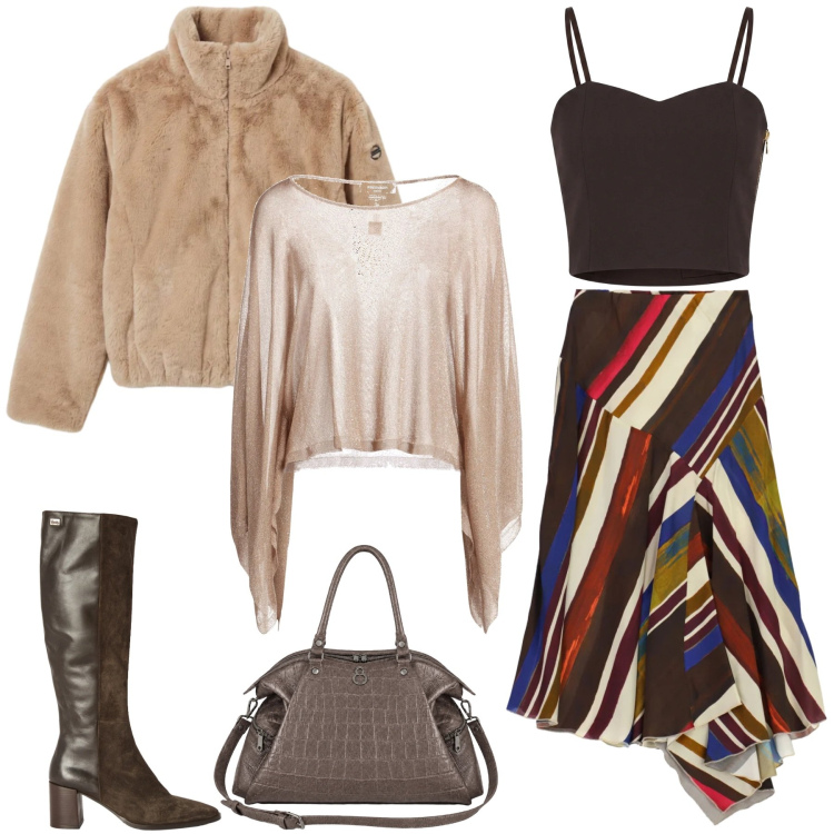 Outfit donna - Total look #2479508. Stile Chic per Serata fuori. Abbinamento con stivali, shopping bag, blazer, top, gonne longuette, pullovers.