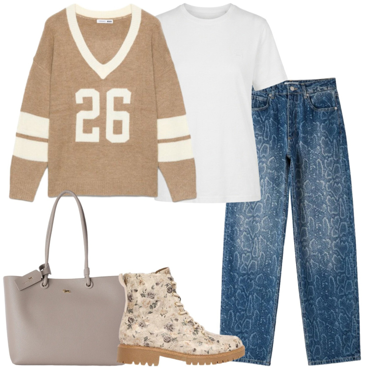 Outfit donna - 26. Stile Casual per Scuola/Università. Abbinamento con anfibi, jeans dritti, maglieria, shopping bag, t-shirt.