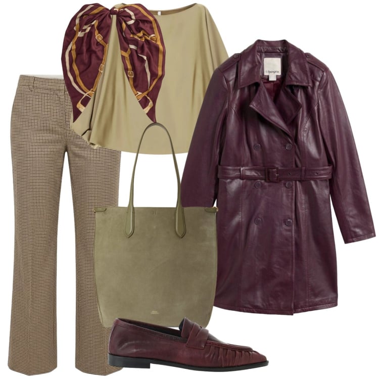 Outfit donna - Mix bilanciato. Stile Casual chic per Ufficio. Abbinamento con pantaloni, top, foulard, borse tote, mocassini, trench.
