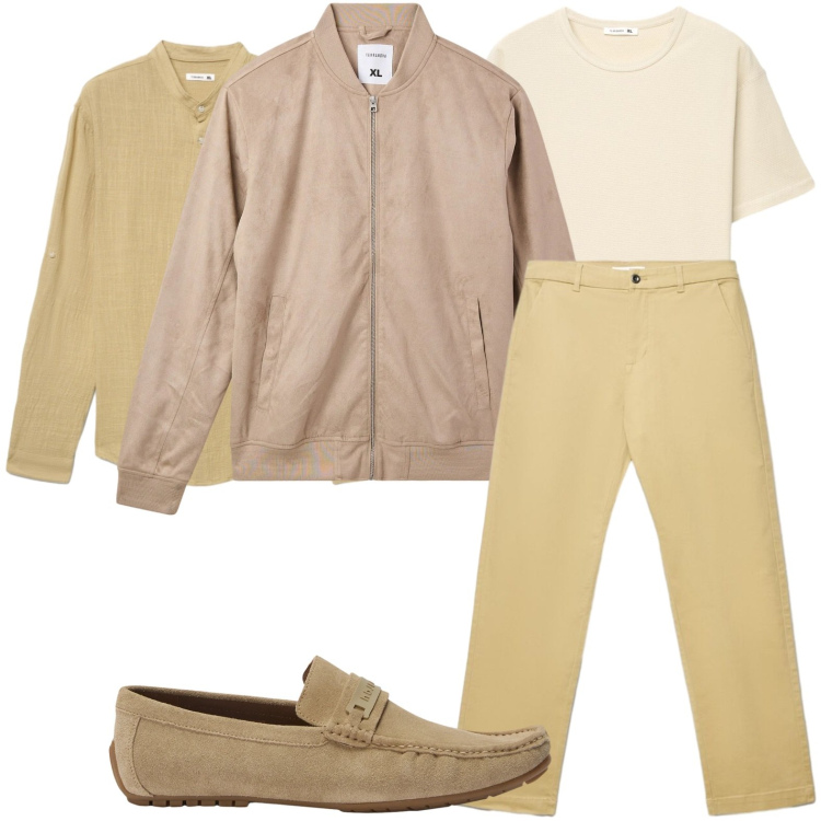 Outfit uomo - Colori neutri. Stile Casual per Tutti i giorni. Abbinamento con scarpe stringate, pantaloni chino, bomber, camicie, t-shirt.