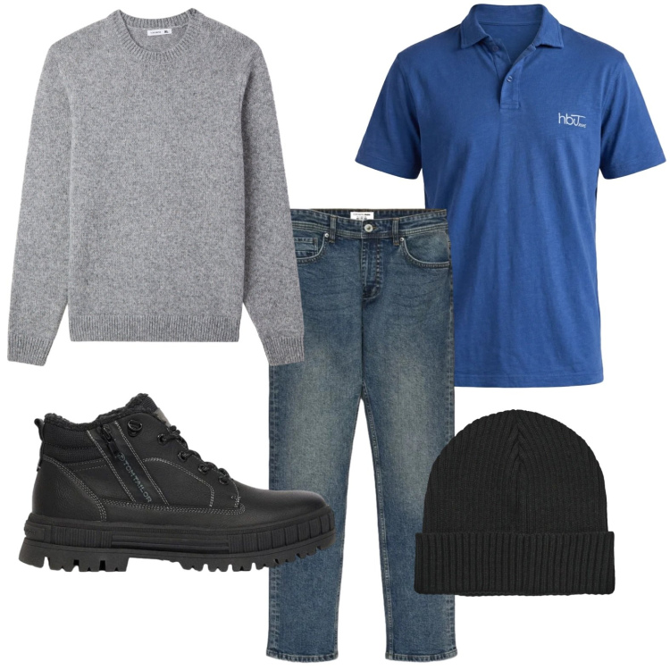 Outfit uomo - Street minimal. Stile Casual per Tutti i giorni. Abbinamento con polo, pullovers, berretti, jeans, stivali e stivaletti.