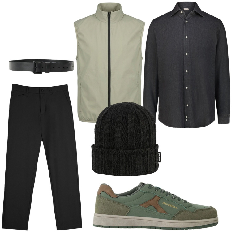 Outfit uomo - Smanicato versatile. Stile Trendy per Tutti i giorni. Abbinamento con cinture, sneakers, camicie, pantaloni chino, piumini, berretti.