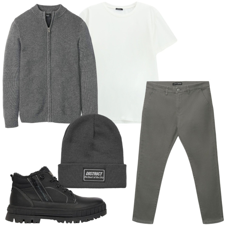 Outfit uomo - Capi funzionali. Stile Trendy per Tutti i giorni. Abbinamento con t-shirt, berretti, pantaloni chino, cardigans, stivali e stivaletti.