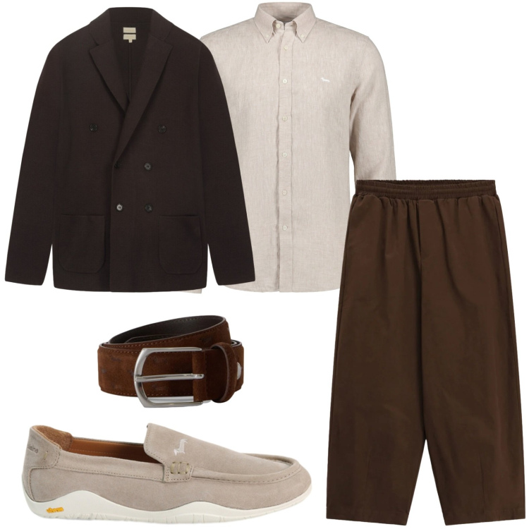 Outfit uomo - Tempo di completo. Stile Casual per Ufficio. Abbinamento con cinture, scarpe stringate, camicie, pantaloni a palazzo, cardigans.